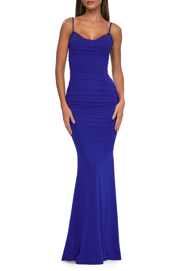 ラフェム レディース トップス 衣装 スピード競技 プルオーバー La Femme Net Jersey Prom Dress with Lace Neckline Detail Royal Blue 青色