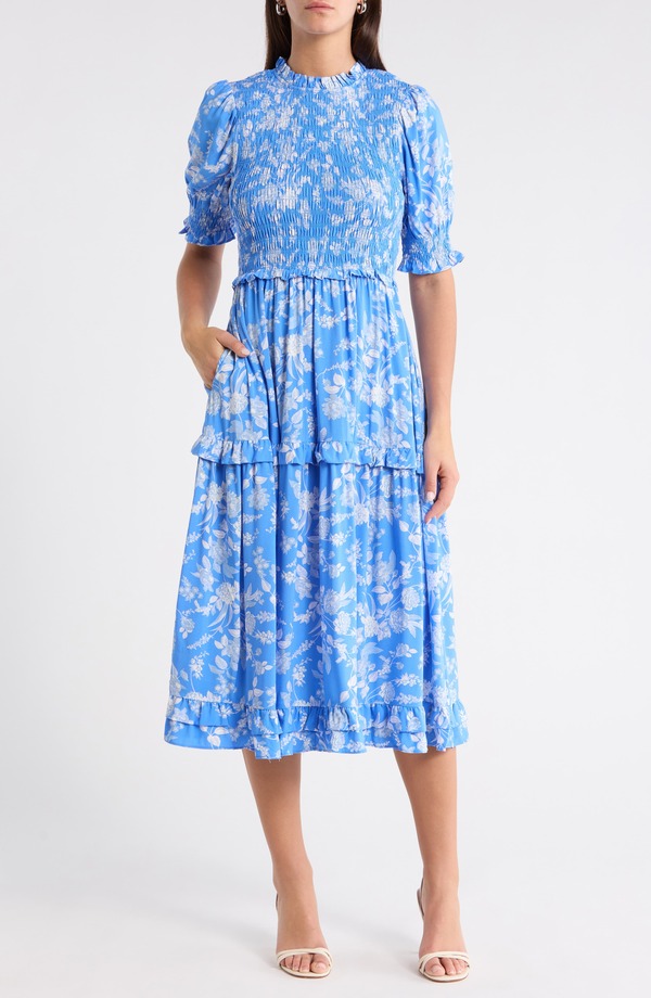シュガーリップス レディース トップス 衣裳 御花柄 MIDI シャーリング 御花 SUGARLIPS Odella Floral Analisa Smocked Midi Dress Blue-White 白いこと