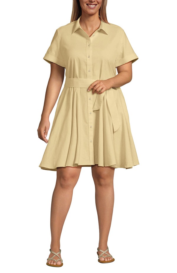 ランズ挙げ句の果て レディース トップス 衣装 足し加える大きさ リネン Lands\u0027 End Plusize Linen Blend Button Front Dress with Godets Pale Sunbeam Yellow 黄色