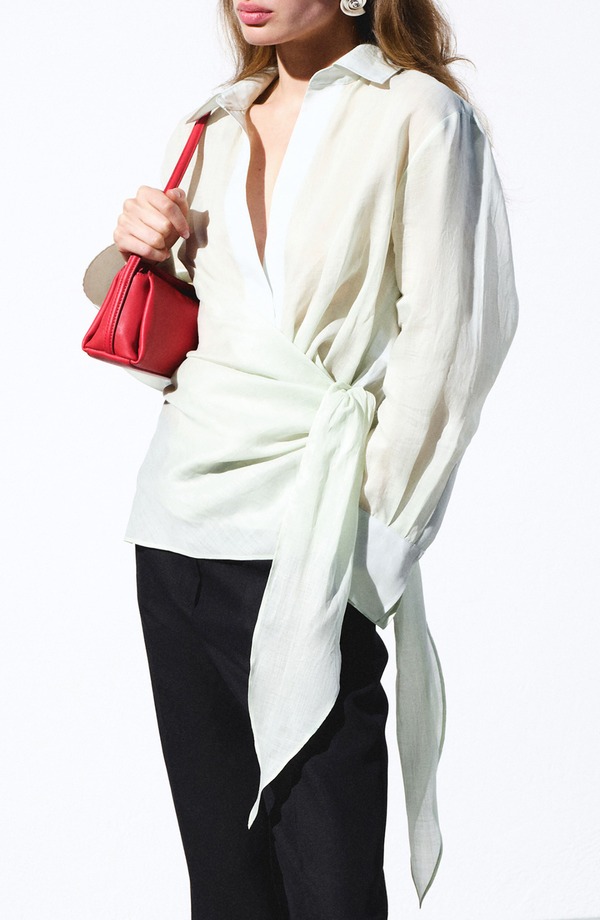 マンゴ レディース トップス シャツ MANGO Faux Wrap Woven Shirt Green グリーン｜ReVida 店