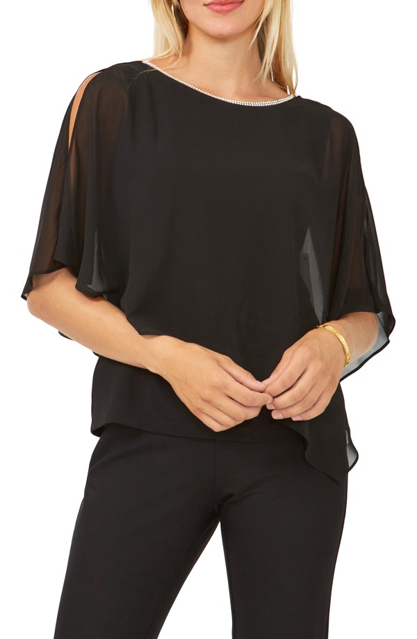チャウス レディース トップス シャツ オーバーレイ Chaus Rhinestone Trim Cold Shoulder Overlay Top Black ブラック｜ReVida 店