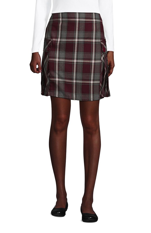 ランズ挙げ句の果て レディース ボトムス 二分の一ズボン下・さる股引き Lands\u0027 End School Uniform Young Side Pleat Plaid Skort Above the Knee Burgundy/Gray Plaid 薄墨色