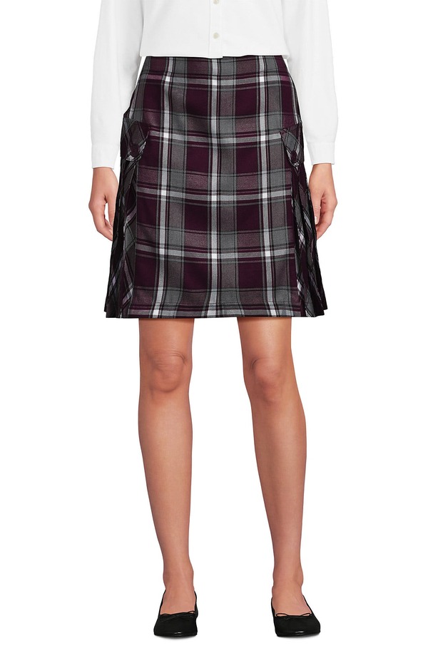 ランズ挙げ句の果て レディース ボトムス 二分の一ズボン下・さる股引き Lands\u0027 End School Uniform Young Side Pleat Plaid Skort Above the Knee Plaid Burgundy/Gray 薄墨色
