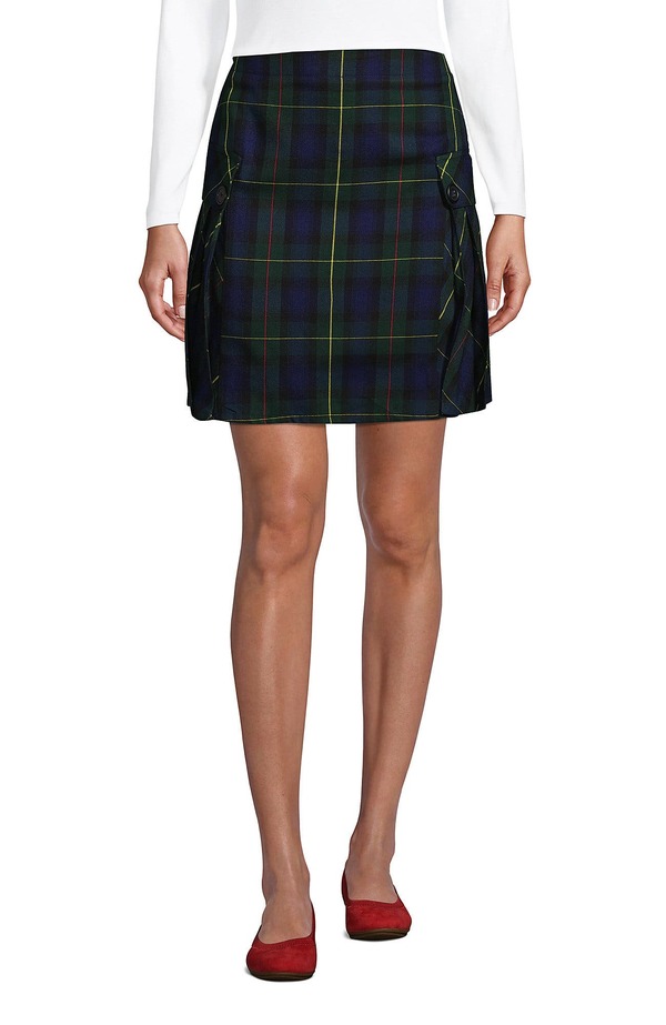 ランズ挙げ句の果て レディース ボトムス 二分の一ズボン下・さる股引き Lands\u0027 End School Uniform Young Side Pleat Plaid Skort Above the Knee Plaid Hunter/Classic Navy 米国海軍