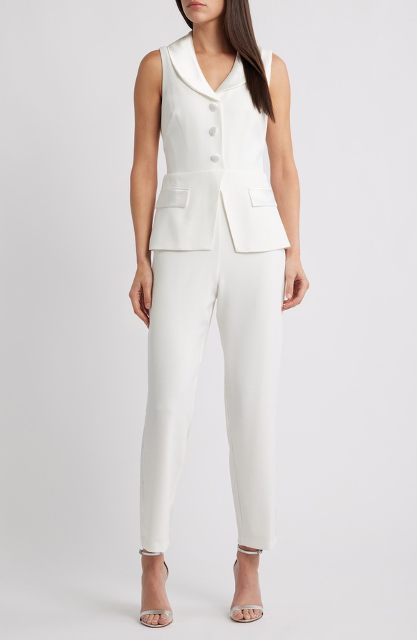 エリザジェイ レディース アウター 厚地の外套 ノースリーブ 飛び降りる背広 Eliza J Sleeveless Peplum Waistcoat Jumpsuit Ivory 象牙色