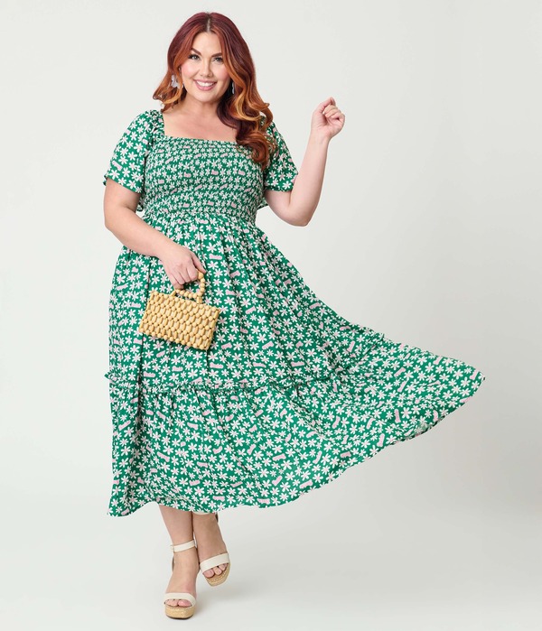 ユニークビンテージ レディース トップス 衣装 足し加える大きさ MIDI シャーリング Unique Vintage Plusize Smocked Bodice Midi Dress Green Ditsy Floral 緑であること