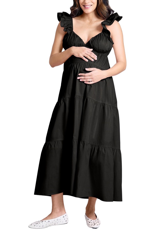 マザーフッドマタニティー レディース トップス 衣裳 フラウンス マキシ MOTHERHOOD MATERNITY Ruffle Sleeve Tie-Back Maternity Maxi Dress Black 黒いこと