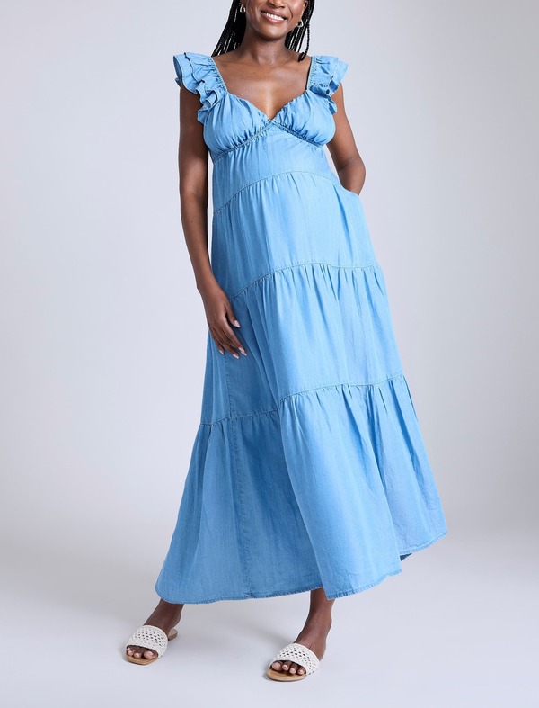 マザーフッドマタニティー レディース トップス 衣裳 フラウンス マキシ MOTHERHOOD MATERNITY Ruffle Sleeve Tie-Back Maternity Maxi Dress Chambray