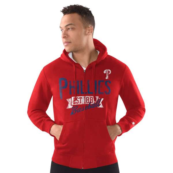 クランク メンズ アウター パーカー・スウェット フーデッドジャケット Men\u0027sStartered Philadelphia Phillies Distressed Full-Zip Hooded Jacket Red 赤いこと
