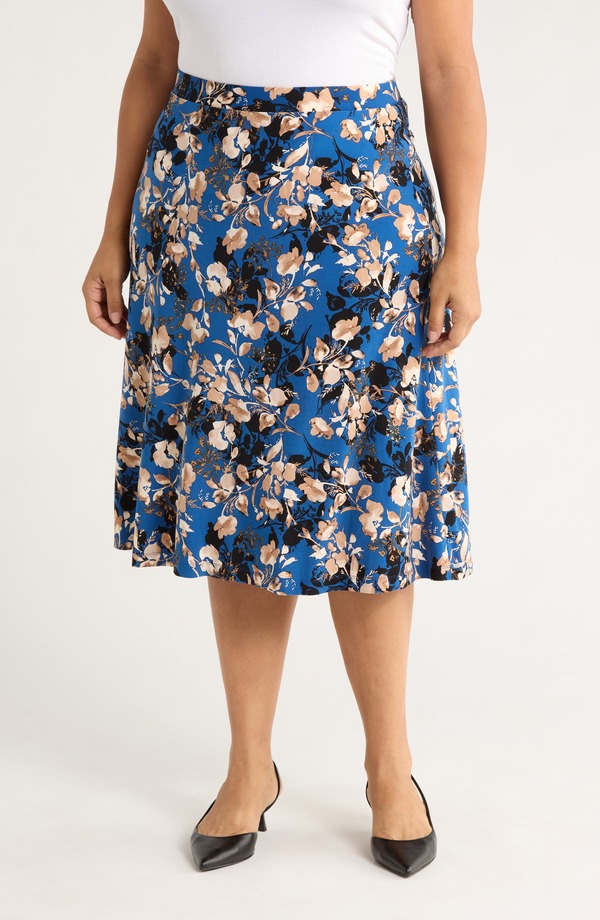 カスパール レディース 下つ方スコート MIDI KASPER Flared Pull-On Midi Skirt Blue Night Multi 青碧