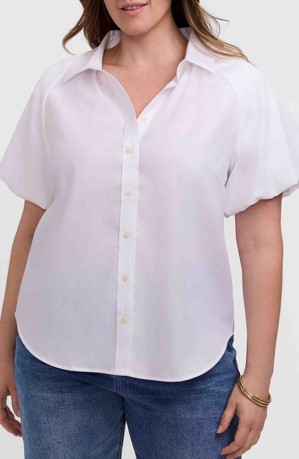 フォックスクラフト レディース トップス シャツ コットン Foxcroft Paula Puff Sleeve Cotton Blend Button-Up Shirt White ホワイト|ReVida 店