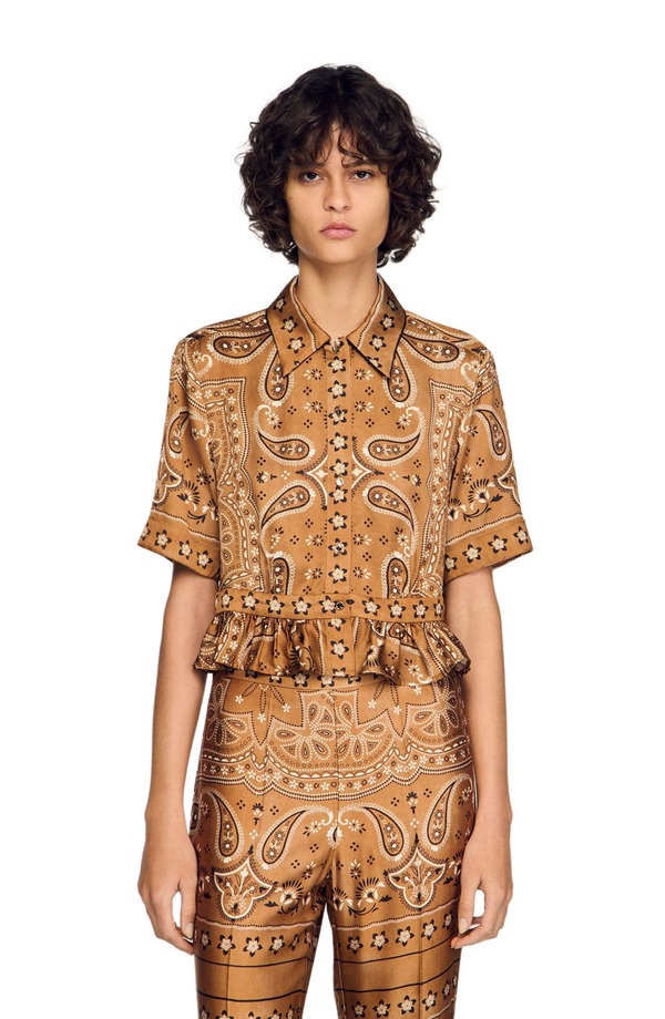 真砂ロ レディース トップス プルオーバー 刷り上げる クロップド SANDRO Bandana print cropped shirt Brown / Black 黒いこと