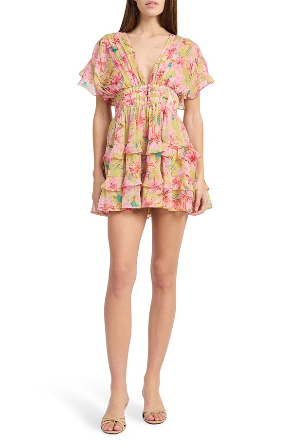 エン 時節 レディース トップス 衣装 ティアード フラウンス ミニ En Saison Eva Tiered Ruffle Minidress Yellow Fuchsia フューシャ