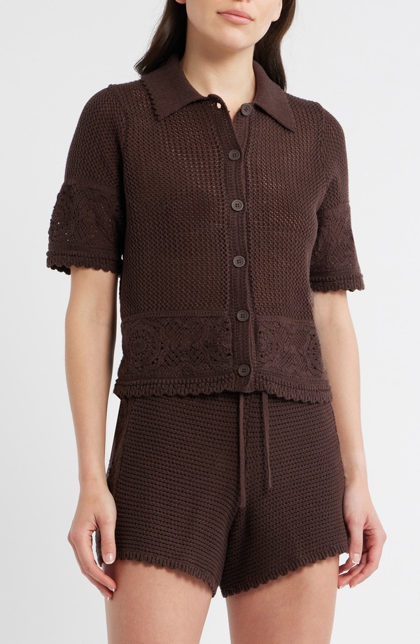 米国海兵隊員 度合い レディース アウター パーカー・スウェット スウェーター 綿織物 Marine Layer Celtia Mixed Open Stitch Cotton Blend Button-Up Sweater Chocolate 黒茶