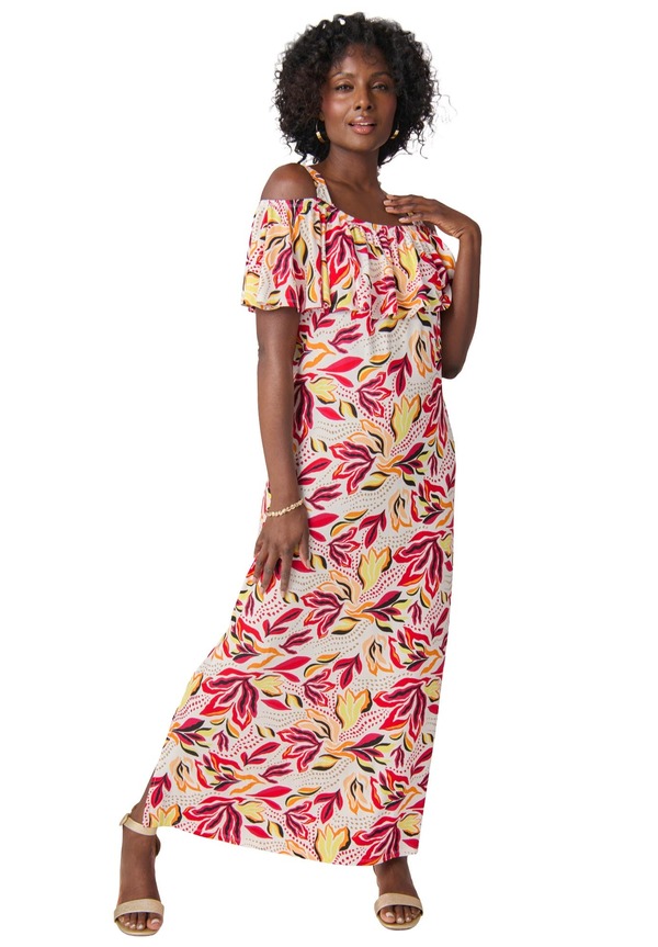 ジェシカロンドン レディース トップス ワンピース A ライン マキシ Jessica London Cold Shoulder A-Line Maxi Dress Multi Summer Petals マルチカラー｜ReVida 店