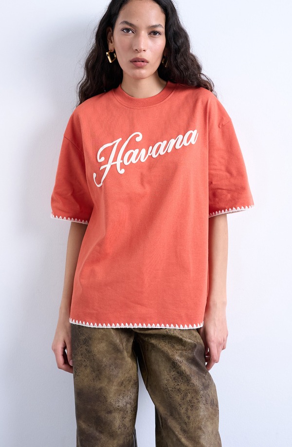 とっ始め販売店 レディース トップス プルオーバー グラフィック Topshop Oversized Havana Graphic Whipstitch Trim T-Shirt Orange オレンジ色