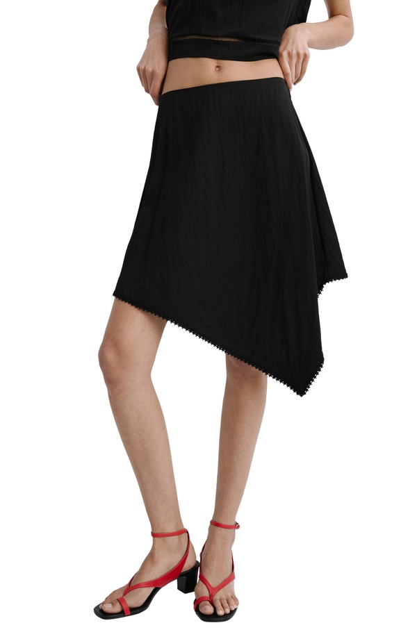 マンゴ レディース 下つ方スコート A 伝達ルート 非対称 MANGO Asymmetrical A-Line Skirt Black 黒いこと
