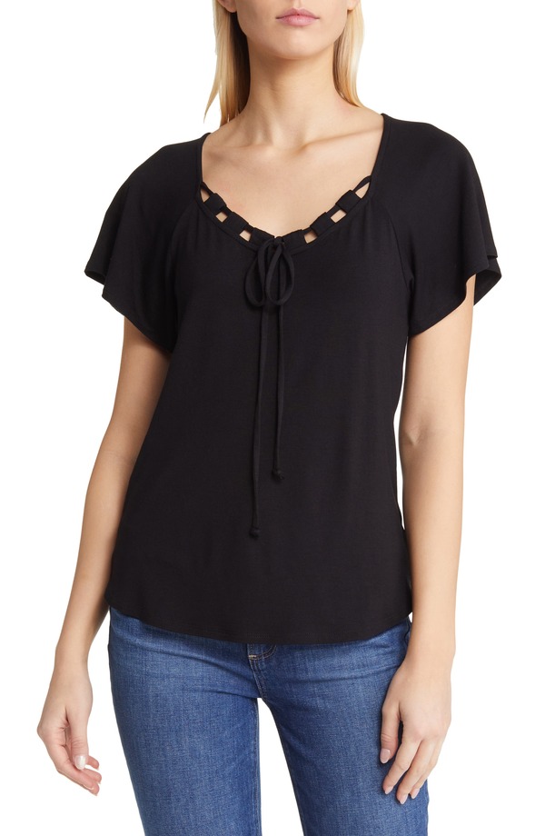 ラブアペラ レディース トップス プルオーバー Loveappella Tie Neck Flutter Sleeve Top Black 黒いこと