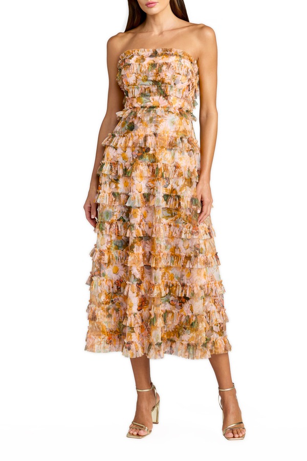 マックダガル レディース トップス 衣装 御花柄 フラウンス ストラップレス 御花 Mac Duggal Strapless Floral Micro Ruffle Dress Gold Multi ゴールド