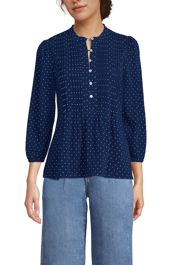 ランズエンド レディース トップス シャツ ジャージー Lands' End Lightweight Jersey Button Pintuck Top Deep Sea Navy Pin Dot ネイビー|ReVida 店