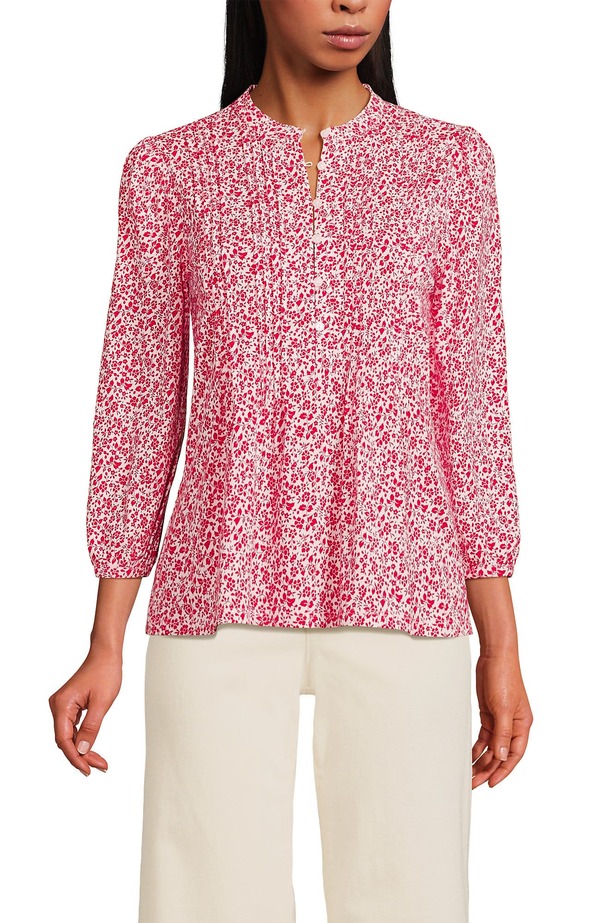 ランズエンド レディース トップス シャツ ジャージー Lands' End Lightweight Jersey Button Pintuck Top Ivory/Berry Rouge Blossoms アイボリー|ReVida 店