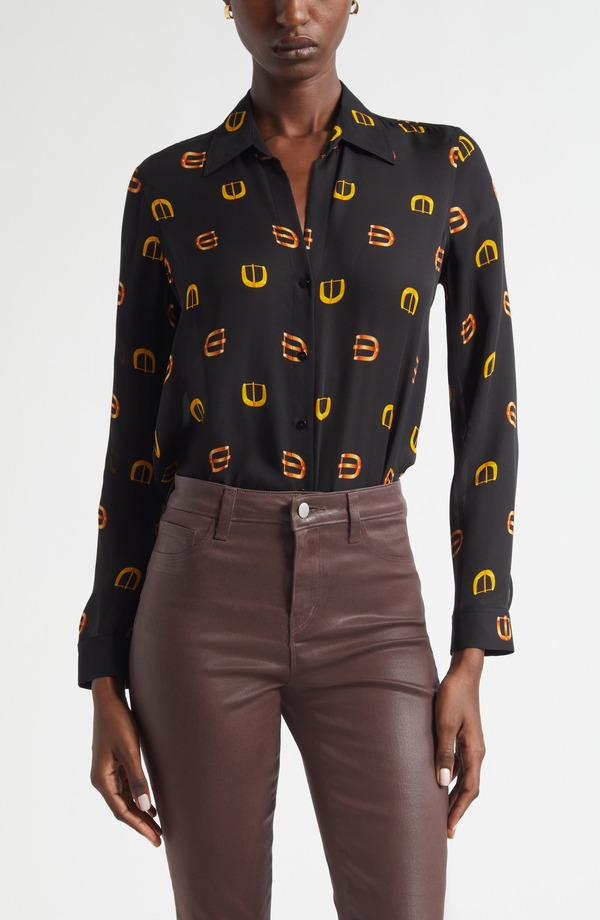 ラジャンス レディース トップス プルオーバー 刷り上げる 絹地 L\u0027AGENCE Nina Horsebit Print Silk Button-Up Shirt Black Multi Conv Buckle 黒いこと