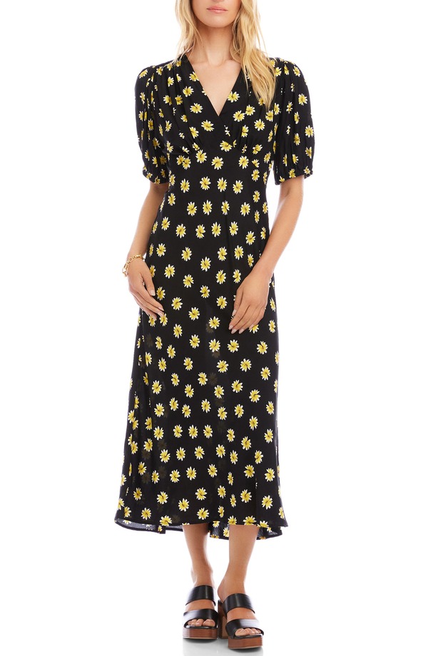 カレンケーン レディース トップス 衣装 刷り上げる MIDI Karen Kane Daisy Print Puff Sleeve Midi Dress Black Print 黒いこと