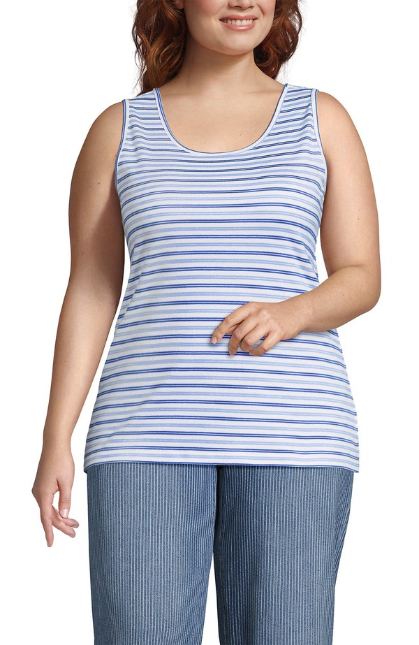 ランズ挙げ句の果て レディース トップス プルオーバー 綿織物 Lands\u0027 End Cotton Tank Top Light Sea/Clear Blue Stripe 青碧