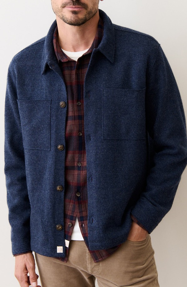 マリーン レイヤー メンズ アウター ジャケット・ブルゾン ウール シャツ Marine Layer Boiled Wool Overshirt Navy ネイビー｜ReVida 店