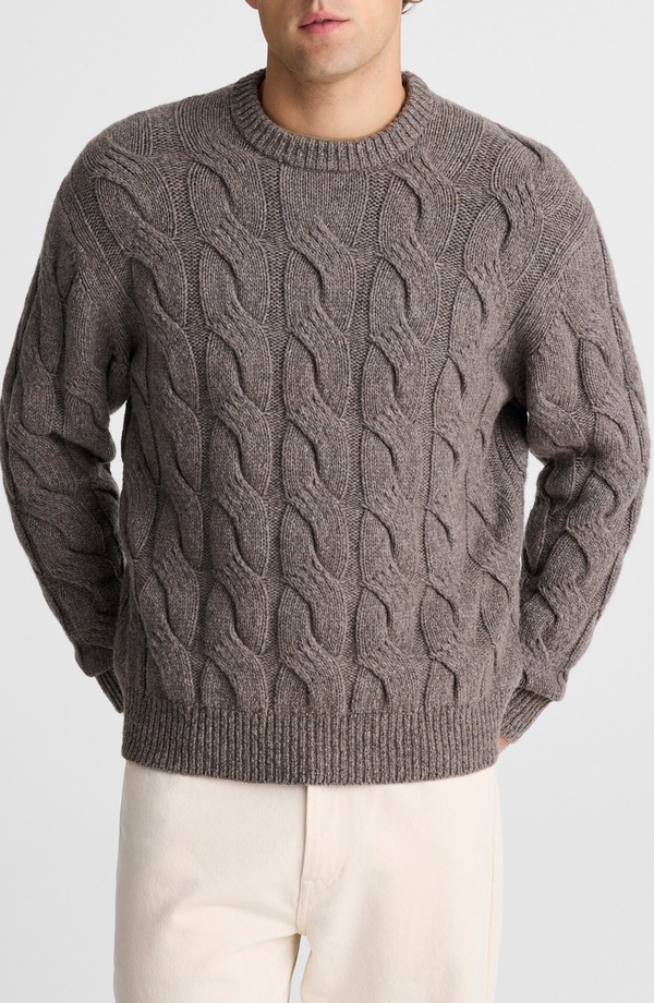 メイドウェル メンズ アウター パーカー・スウェット クルーネック ウール セーター ニット Madewell Crewneck Cable Knit Wool Blend Sweater Heather Dark Driftwood ヘザー｜ReVida 店