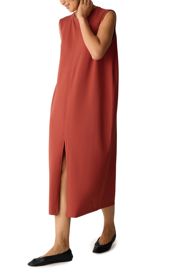 エイリーンフィッシャー レディース トップス ワンピース クルーネック フロントスリット ミディ Eileen Fisher Crew Neck Front Slit Midi Dress Blood Orange オレンジ