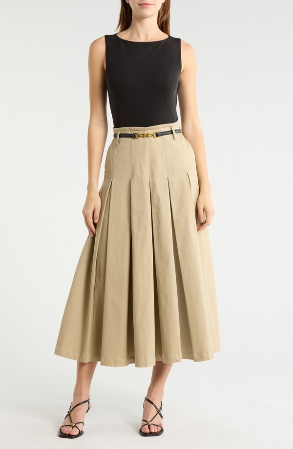 アヴェックレフィーユ レディース トップス 衣裳 筋目 Avec Les Filles Mixed Media Pleatedress Black And Khaki 黒いこと ワンピース-レディースファッション
