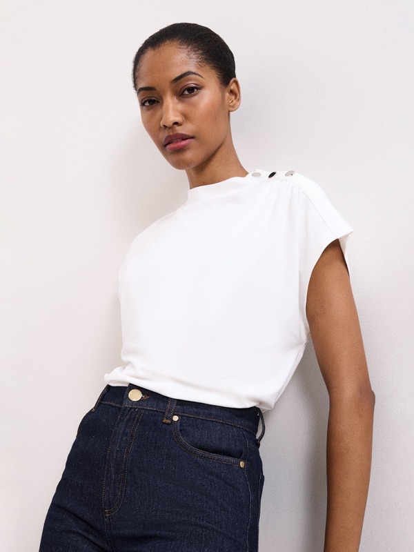 位相角・八つ レディース トップス プルオーバー ギャザー Phaseight Paige Ruched Shoulder Hardware Ponte Top Ivory 象牙色