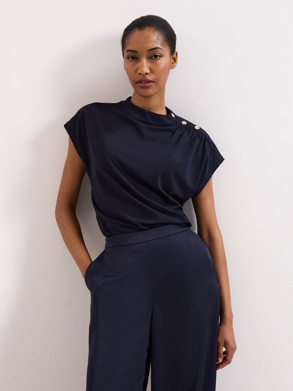 位相角・八つ レディース トップス プルオーバー ギャザー Phaseight Paige Ruched Shoulder Hardware Ponte Top Navy 米国海軍