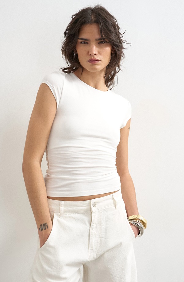 とっ始め販売店 レディース トップス プルオーバー 綿織物 旗がしら Topshop Strech Cotton Cap Sleeve T-Shirt White 白いこと