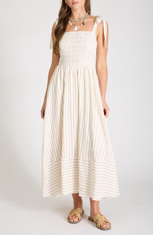 ブルーペッペーブルーペッパー レディース トップス ワンピース コットン マキシ Blu Pepper Stripe Cotton Maxi Sundress Lightaupe トープ｜ReVida 店