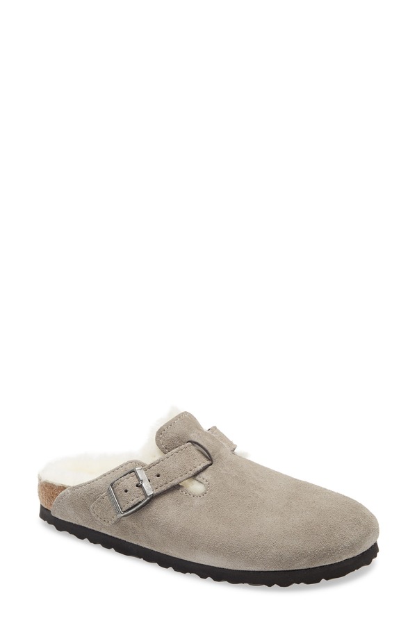ビルケンシュトック レディース シューズ サンダル Birkenstock Boston Genuine Shearling Lined Clog Stone Coin Suede 石ころ