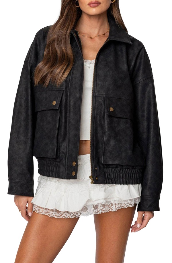 アディクテッド レディース アウター 上衣・上衣 なめし革 フェイクレザー EDIKTED Faux Leather Bomber Jacket Black 黒いこと