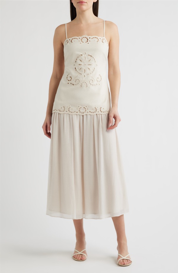 お月さまリバー レディース トップス 衣装 A 伝達ルート MOON RIVER Eyelet Embroidery A-Line Dress Cream 皮膚軟化剤