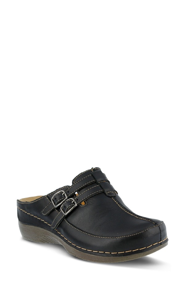 発条足取り レディース シューズ サンダル Spring Step Happy Clog Black Leather 黒いこと