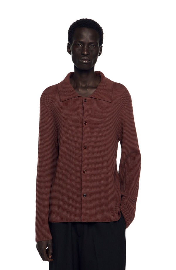 沙子ロ メンズ アウター パーカー・スウェット プルオーバー 編み物 SANDRO Waffle-knit shirt Chocolate 黒茶