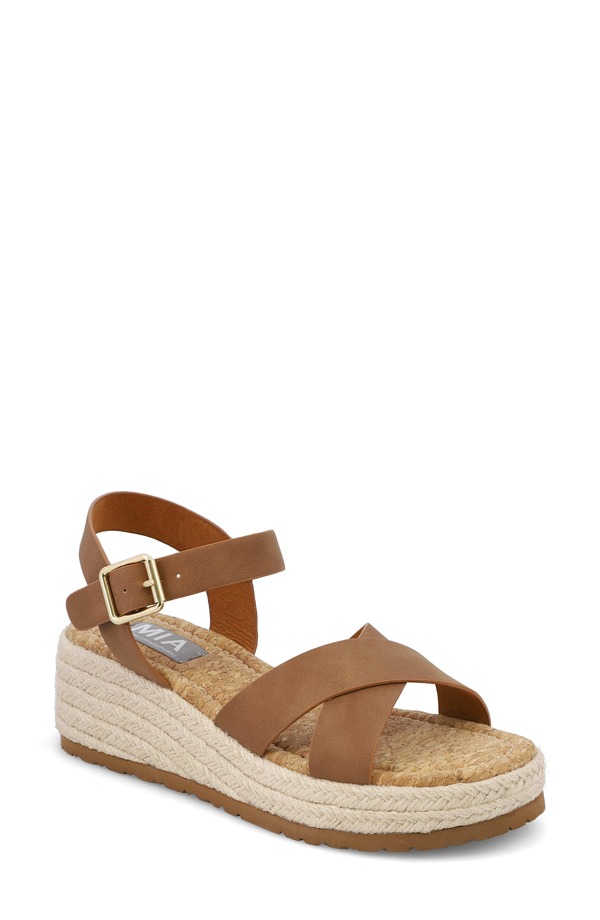 ミア レディース シューズ 踵 プラットホーム サンダル アンクル MIA Nikky Ankle Straplatform Wedge Sandal Cognac