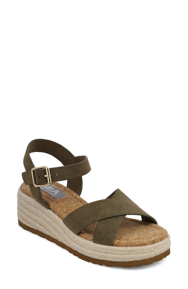 ミア レディース シューズ 踵 プラットホーム サンダル アンクル MIA Nikky Ankle Straplatform Wedge Sandal Khaki Burn カーキ