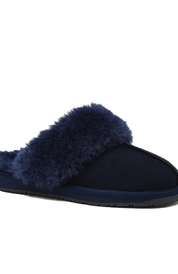 ランズ挙げ句の果て レディース シューズ サンダル スエードクロス Lands\u0027 End Suede Furry Lined Indoor Outdoor Slippers Deep Sea Navy 米国海軍