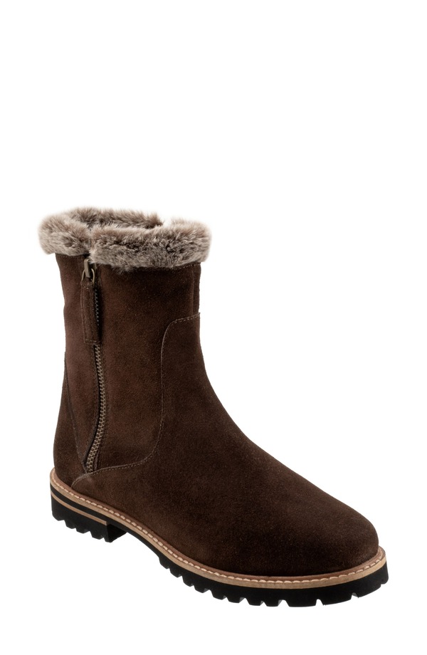 トロッターズ レディース シューズ ブーツ・レインブーツ Trotters Forever Faux Fur Trim Boot Dark Brown Suede 赤銅色