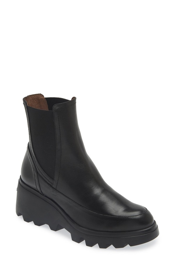 ワンダーズ レディース シューズ ブーツ・レインブーツ チェルシーブーツ プラットホーム チェルシー Wonders Platform Wedge Chelsea Boot Black Leather 黒いこと