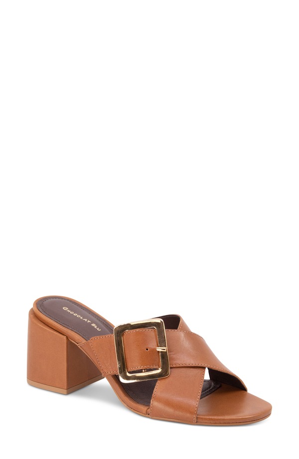 黒茶青色 レディース シューズ 踵 サンダル Chocolat Blu Eiko Block Heel Sandal Whiskey Leather