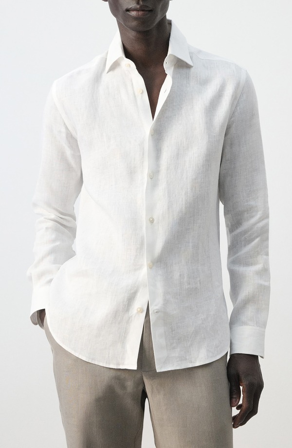 マンゴ メンズ トップス プルオーバー か細い相応う リネン MANGO Slim Fit Linen Button-Up Shirt White 白いこと