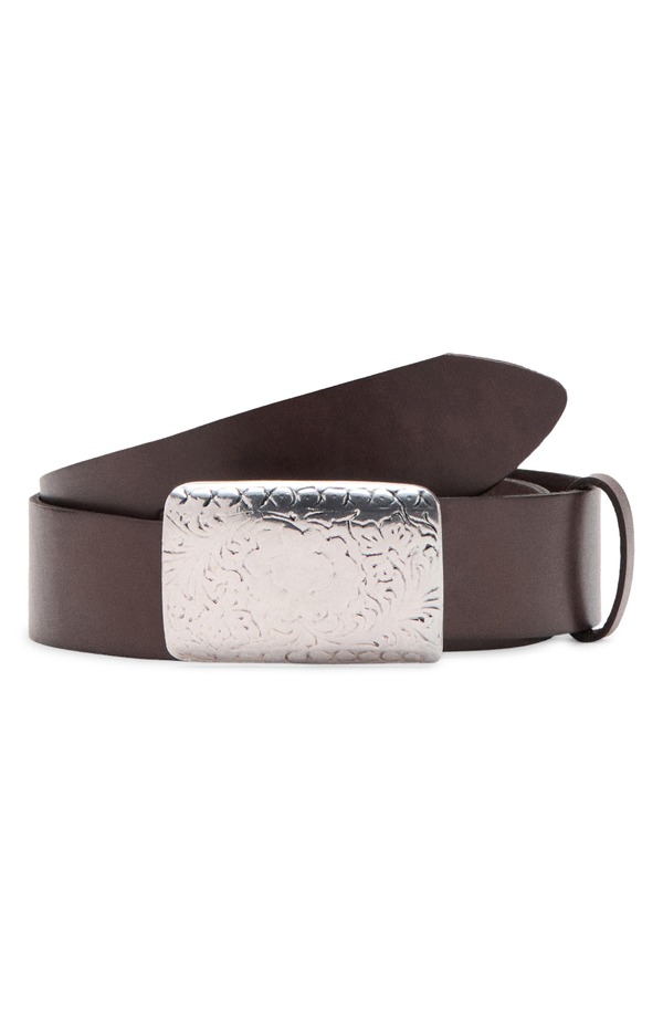 マンゴ レディース 添え物 三尺帯 なめし革 MANGO Engraved Buckleather Belt Chocolate 黒茶