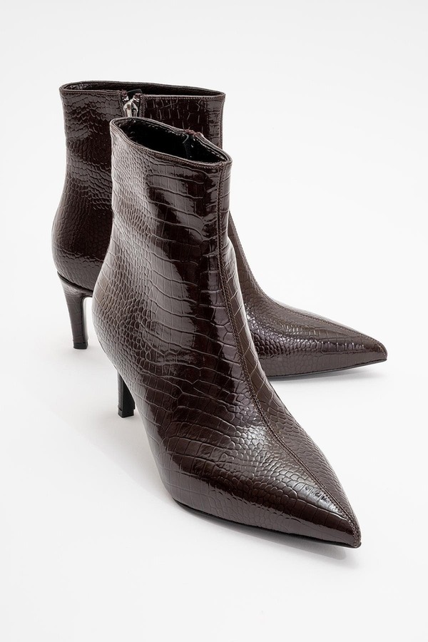 プロローグシューズ レディース ブーツ・レインブーツ Prologue Shoes Noya Stiletto Boot Brown Pattern Faux Leather ブラウン|ReVida 店